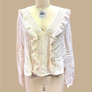 NWT American Eagle Cream Long Sleeve Ruffle Lace V-neck Blouse